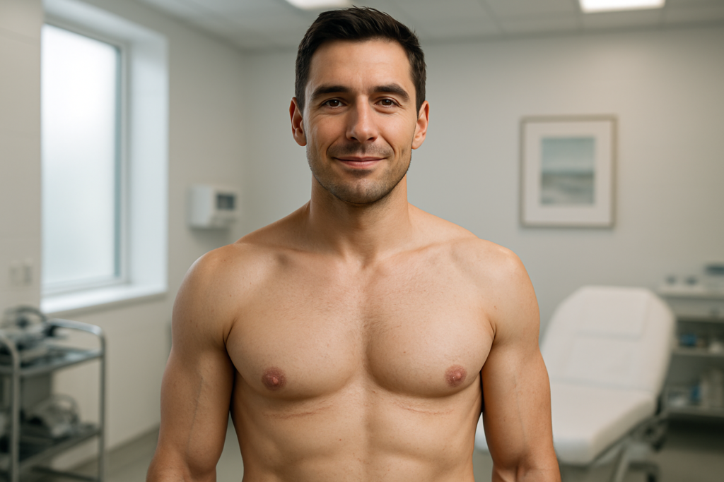 Homem confiante com peito esculpido pós-cirurgia de ginecomastia masculina preço, clínica moderna, pele realista