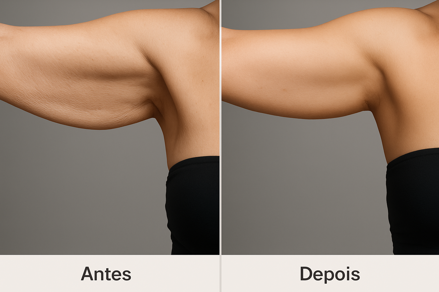 Imagem profissional lado a lado de resultados de braquioplastia antes e depois destacando a firmeza da pele