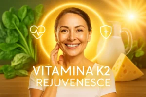 Vitamina K2 rejuvenesce o corpo – representação artística mostrando vitalidade, juventude e benefícios para saúde da pele e ossos
