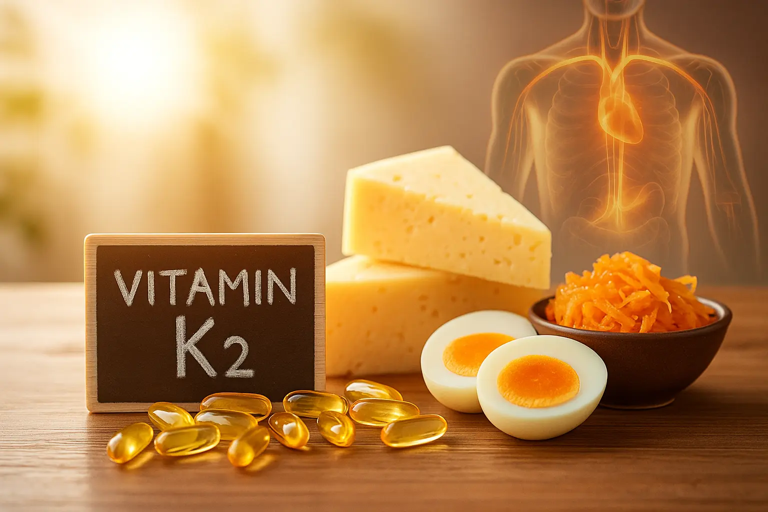 Vibrant illustration of Vitamin K2 working in the body, highlighting radiant skin, energy and natural rejuvenation