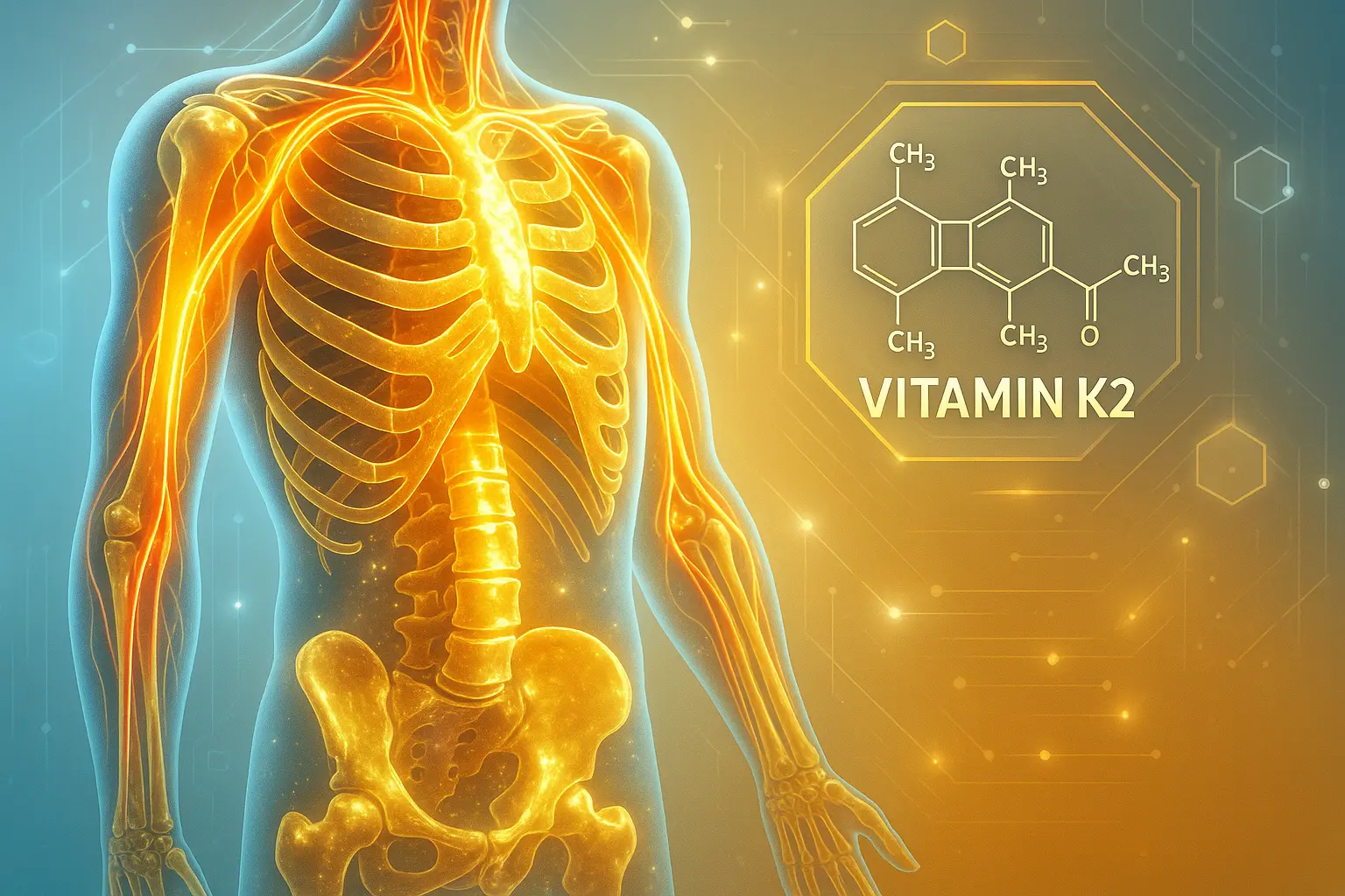 Artistic medical image of the circulatory system and bones strengthened by Vitamin K2, with emphasis on arterial health and rejuvenation