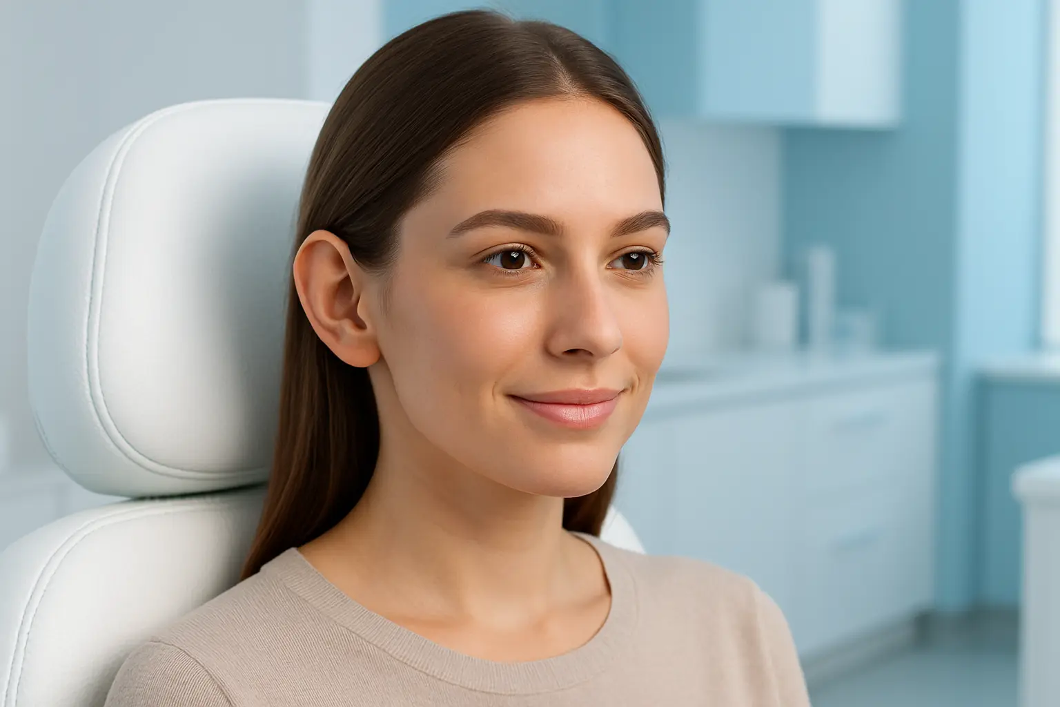 Modelo exibindo resultado natural após otoplastia sem corte com orelhas mais harmoniosas