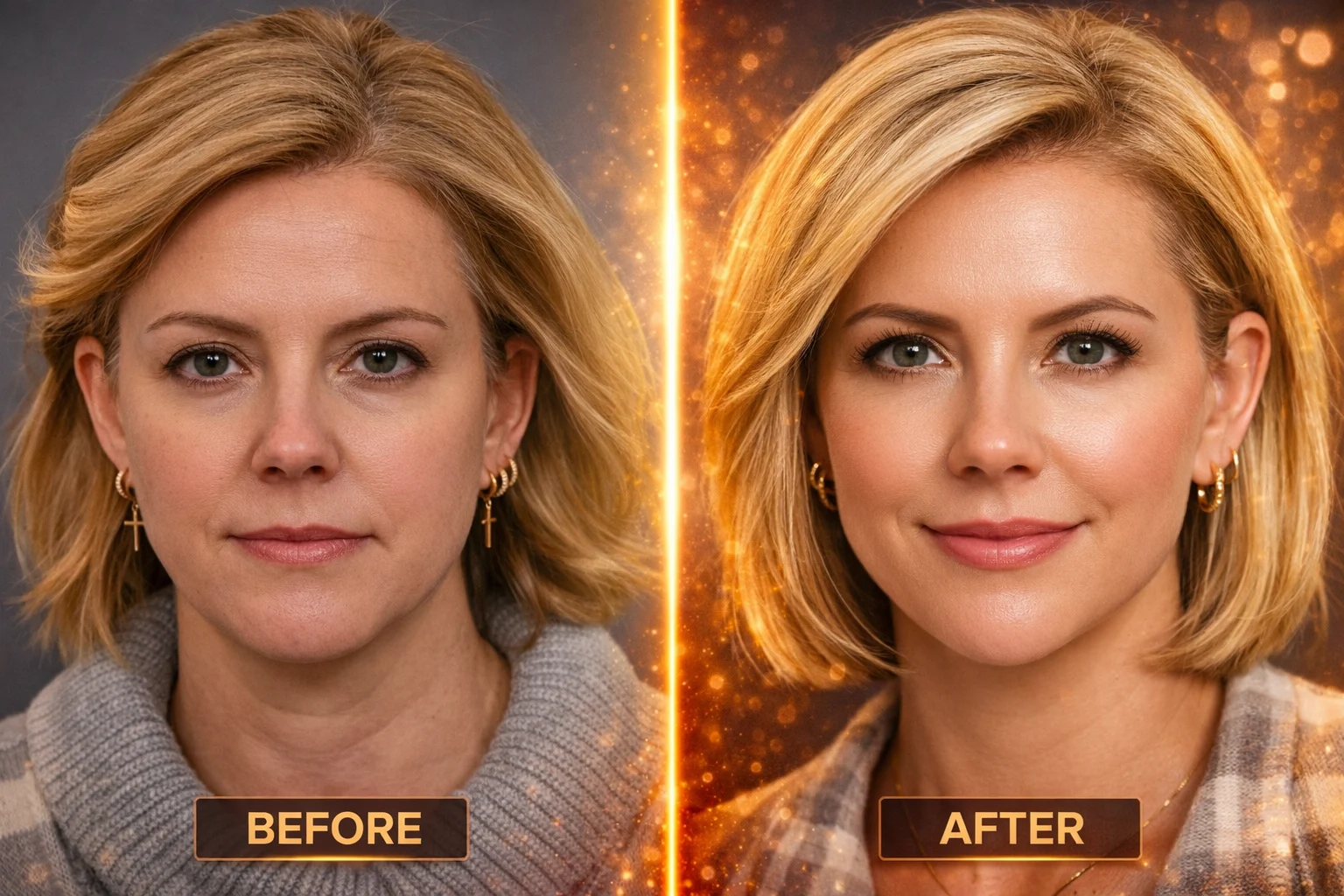 Mulher idosa antes e depois da blefaroplastia com Plasma Jet